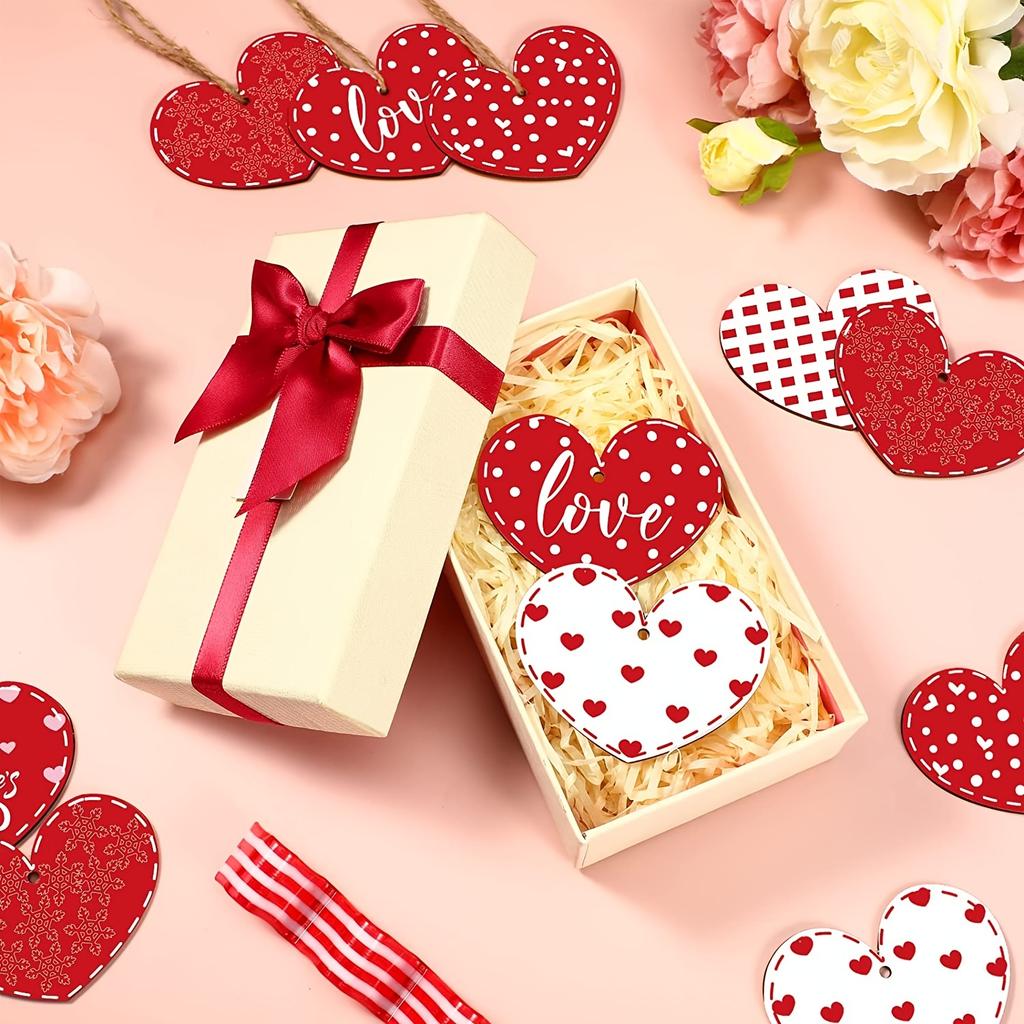 24pcs Rustic Heart Ornaments, Wooden Hearts, Red Pink White for Christmas & Valentine’s Decor, Hanging Home Wall Decoration