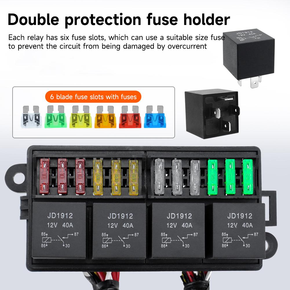 12V Fuse Relay Box with 4 Relay Blocks 12-Way Fuse Holder Dual Pre-Wired Automotive Fuse Block with Cover for Car Truck Marine RV Boat