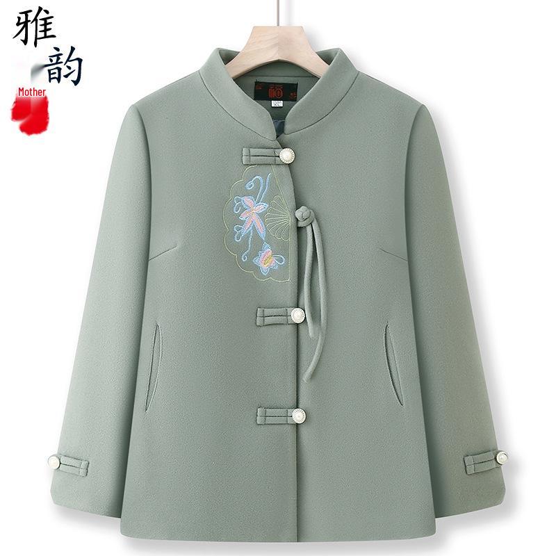 Elegant Embroidered Woolen Coat for Middle-Aged & Elderly Women – Spring & Autumn Fashion