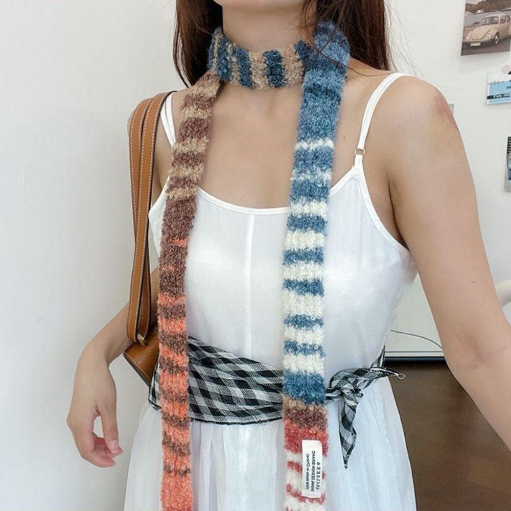Harajuku Style Y2K Scarf Rainbow Color Striped Knitted Shawl Long Narrow Scarves  Streetwear