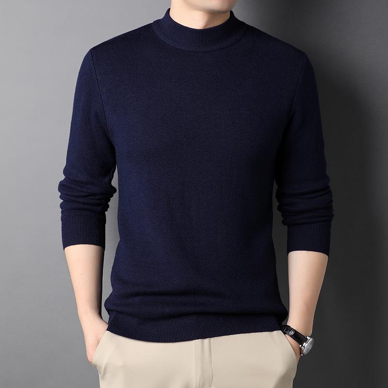 Douyin Men's Slim Fit Solid Color Sweater - Half High Collar, Spring/Autumn Base Layer