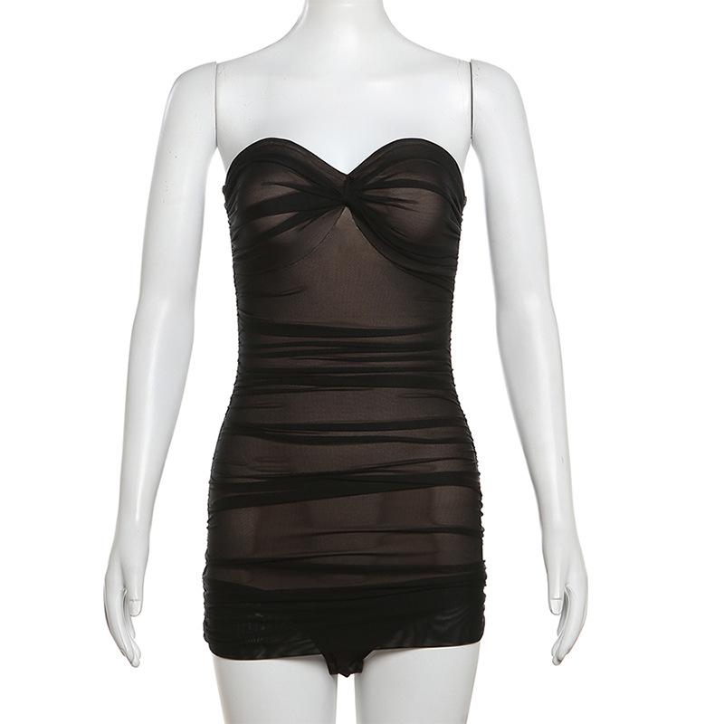Spring Women s New Tube Top Backless Mesh Patchwork Shirred Silm Hip Covering Hot Dress S чёрный