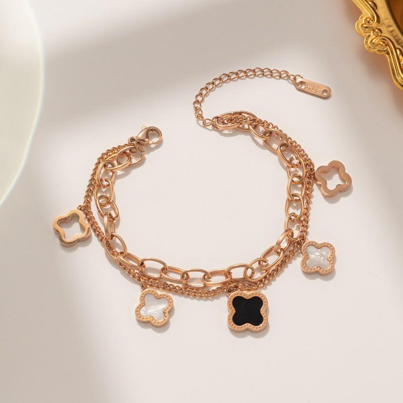 Stainless Steel Double Layer Four Leaf Clover Bracelet Women Minimalist Fashion Jewelry Gift