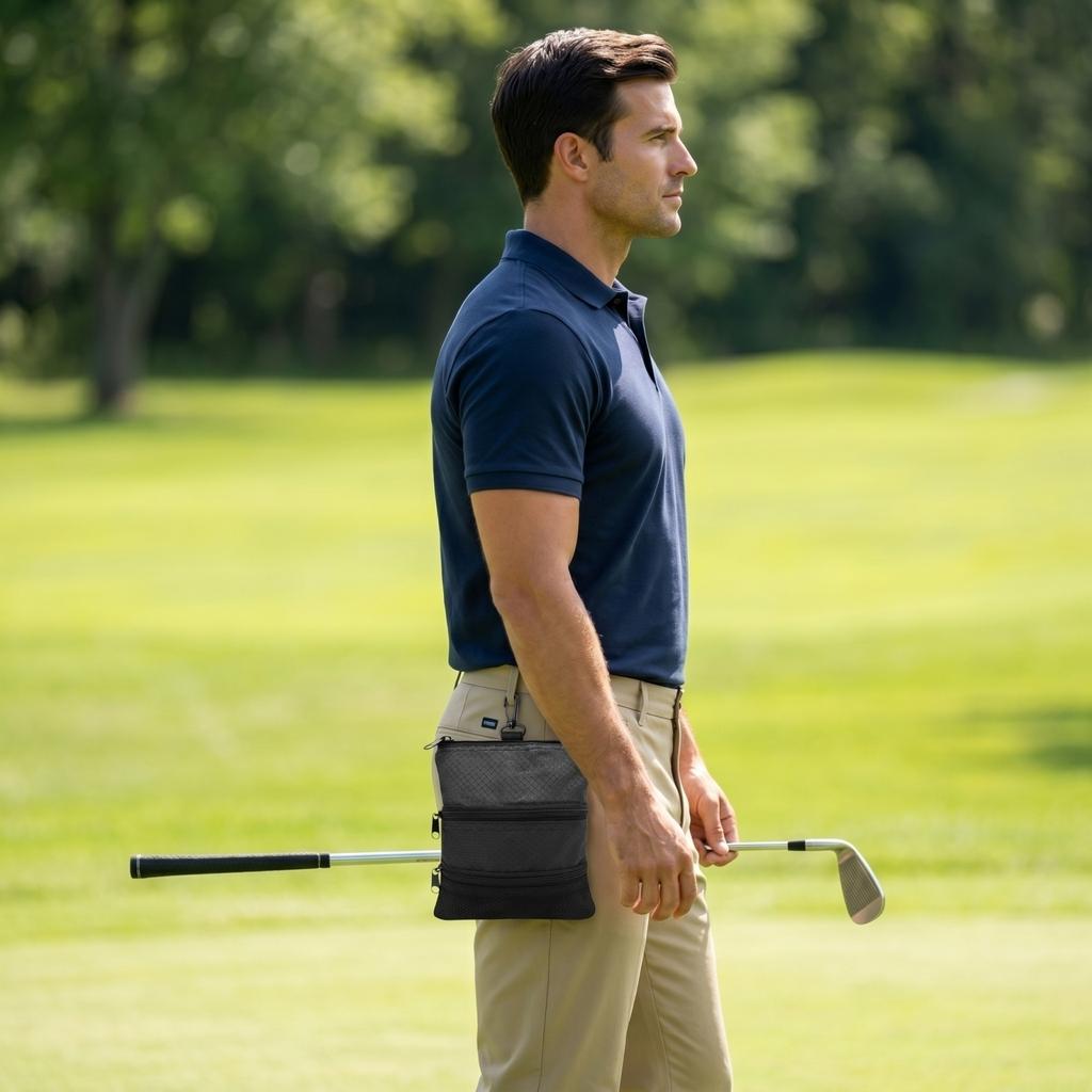 Bolsa de Golfe de Três Camadas Portátil com Zíper para Pendurar na Cintura Porta-Acessórios para Tacos de Golfe com Clipe para Fixação Fácil