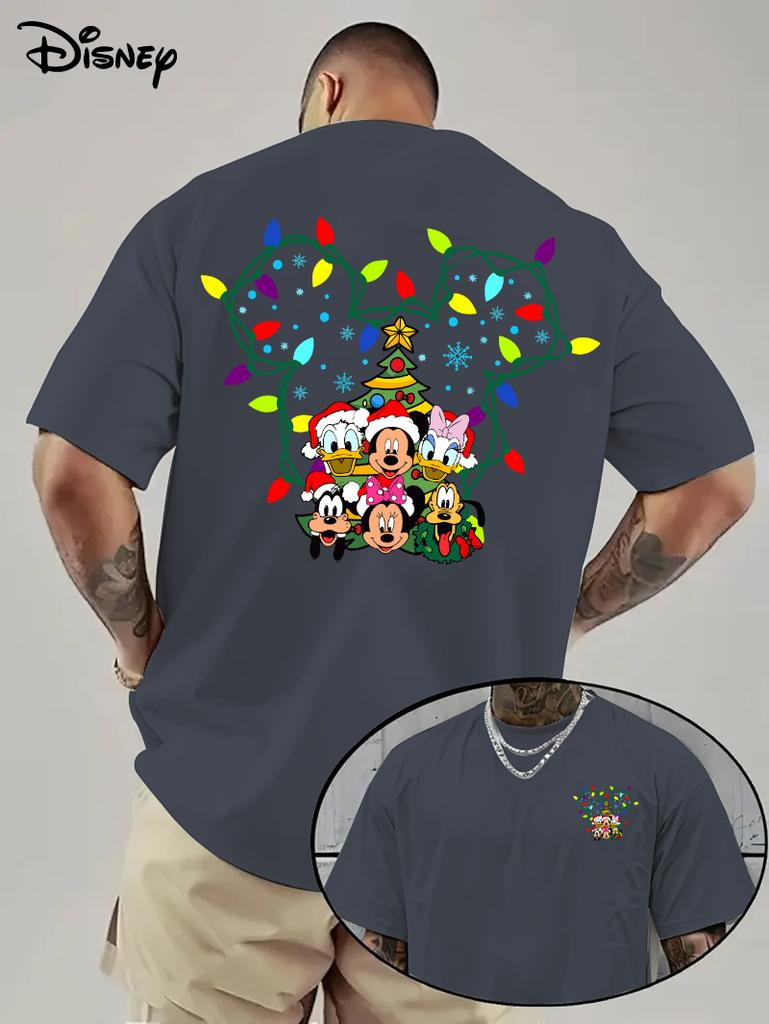 Disney Mickey Christmas Cartoon T-shirt Men Fashion Letter Cartoon Design Breathable and Lightweight Casual Short Sleeve T-shirt