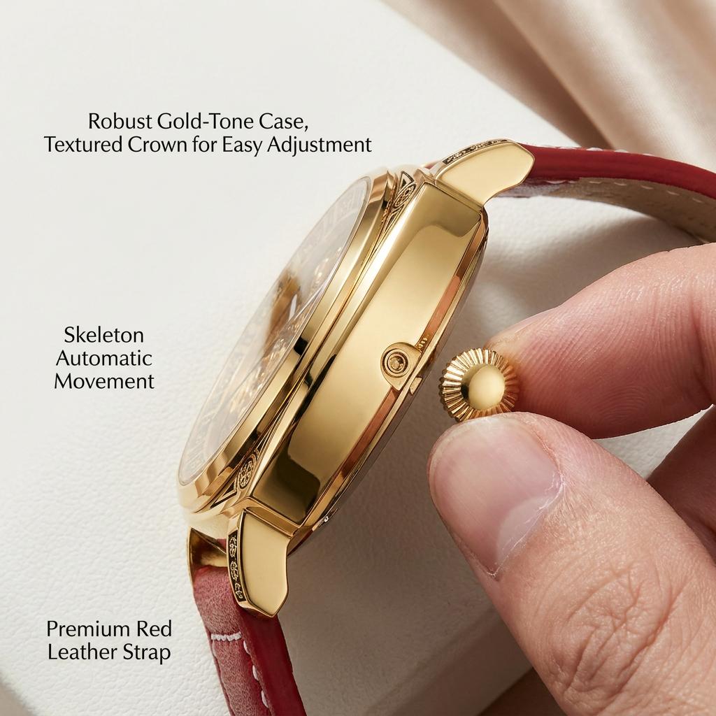 1pcs Men's Gold Dial Leather Strap Vintage Fashion Skeleton Gear Luxury Details Mechanical Watch for Daily Business Party Holida