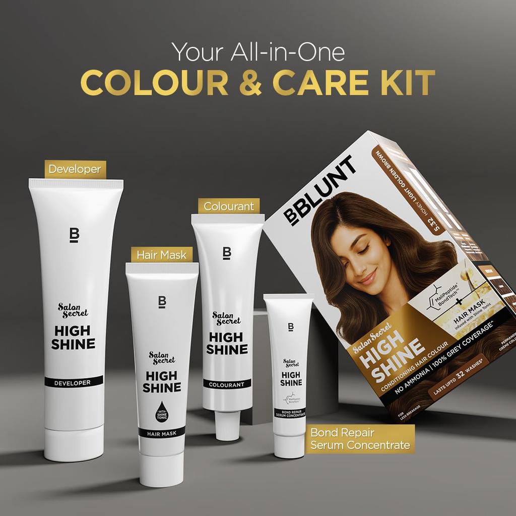 BBLUNT Salon Secret High Shine Hair Colour Honey Light Golden Brown 130G Pack of 1 Long Lasting