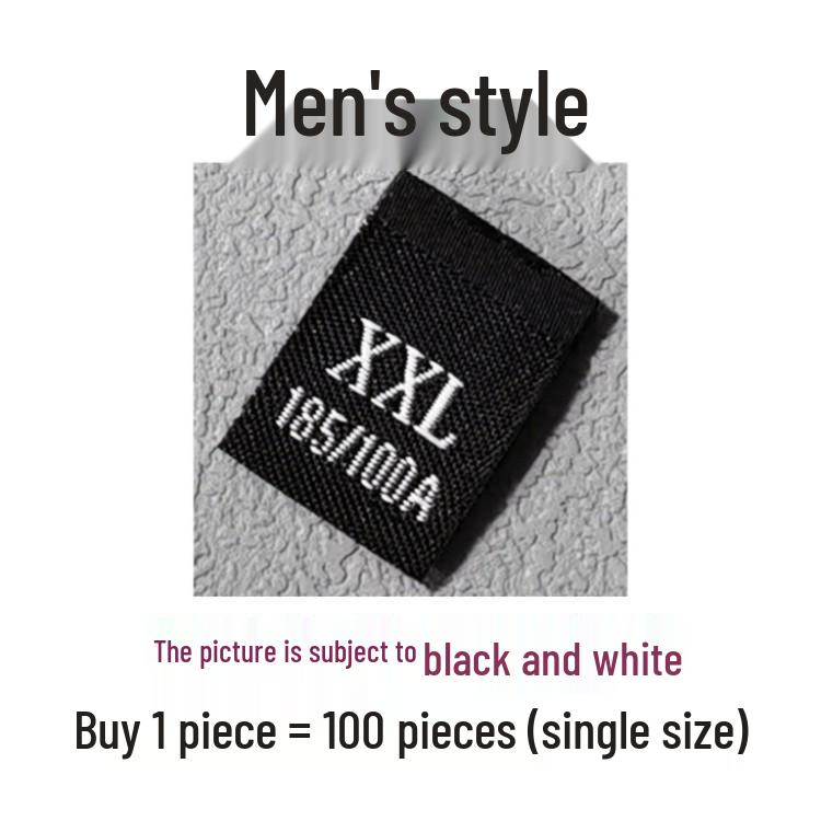 In-Stock Men's & Women's Woven Size Labels: Custom Black & White Trendy International Brand.