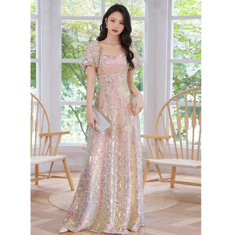Fishtail Evening Dress Women's 1011 New French Sequins Style Light Luxury Niche Host Long Summer Party Fairy
