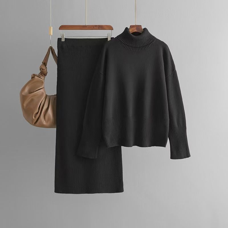 Western Style Knitted Turtleneck sweater Skirt sets High Neck Sweater and Skirt Set