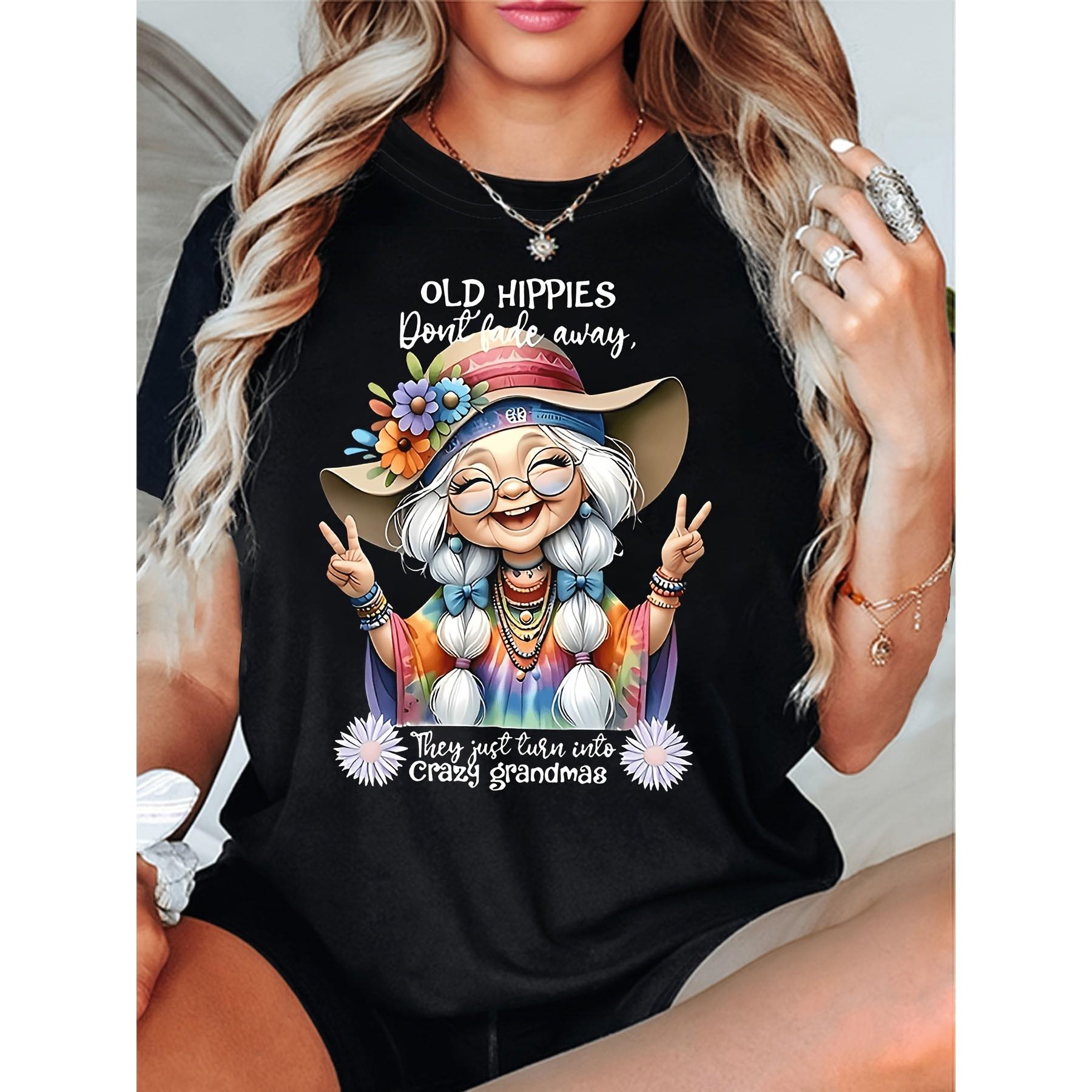 Crazy Grandma Hippie T-Shirt Vintage Print Graphic Tee Breathable Cotton Casual Top for Men S