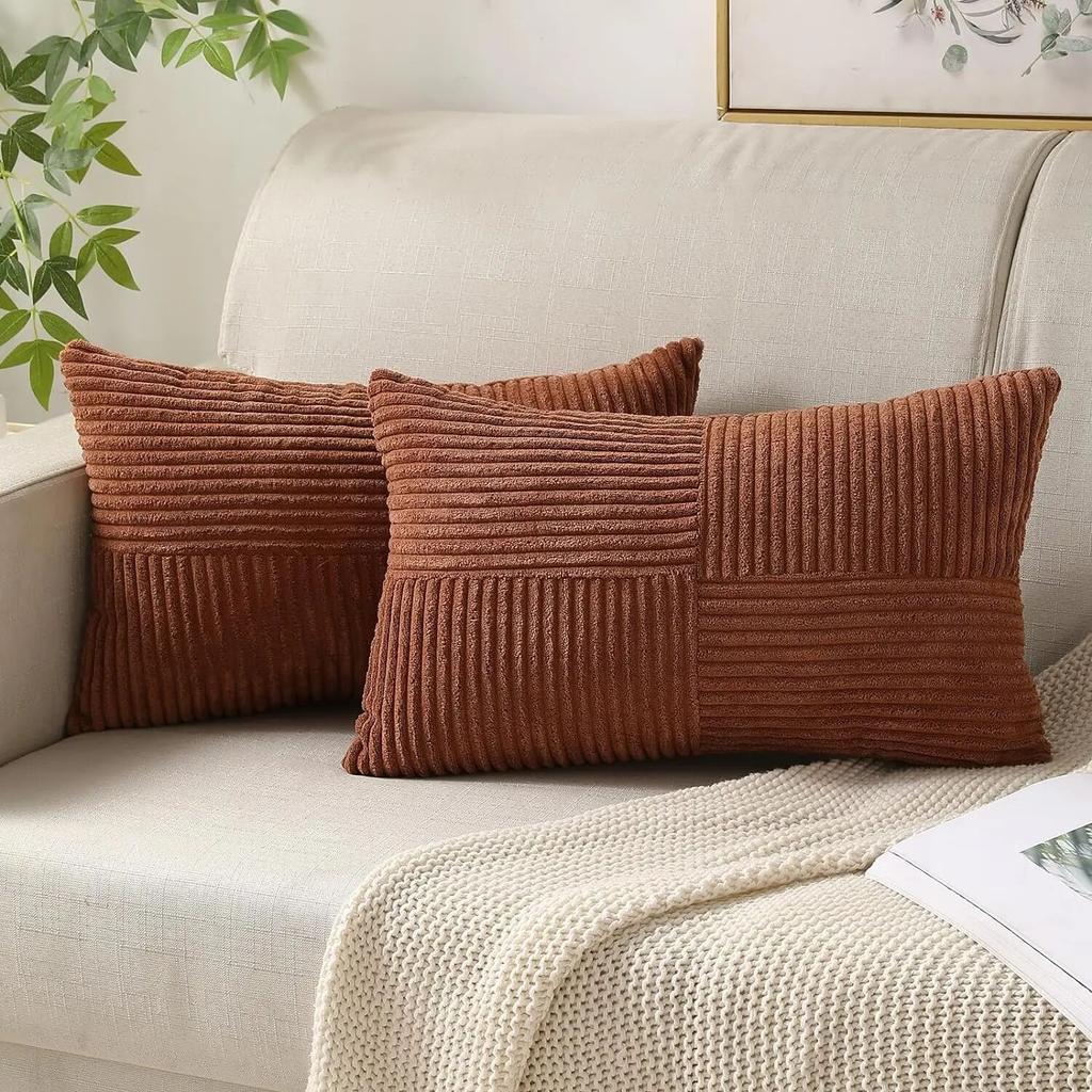 Textured Striped Patchwork Corduroy Throw Pillowcase for Lumbar Pillow Covers 12x20 Inches Cushion Cases Farmhouse Boho Decor