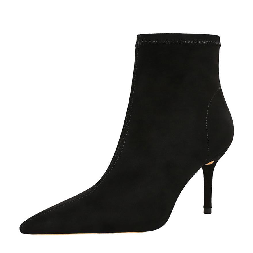 Winter New Ankle Socks Shoes Women Pointy Toe Flock Concise Short Boots Winter Slip On Zip High Heels Office Botas De