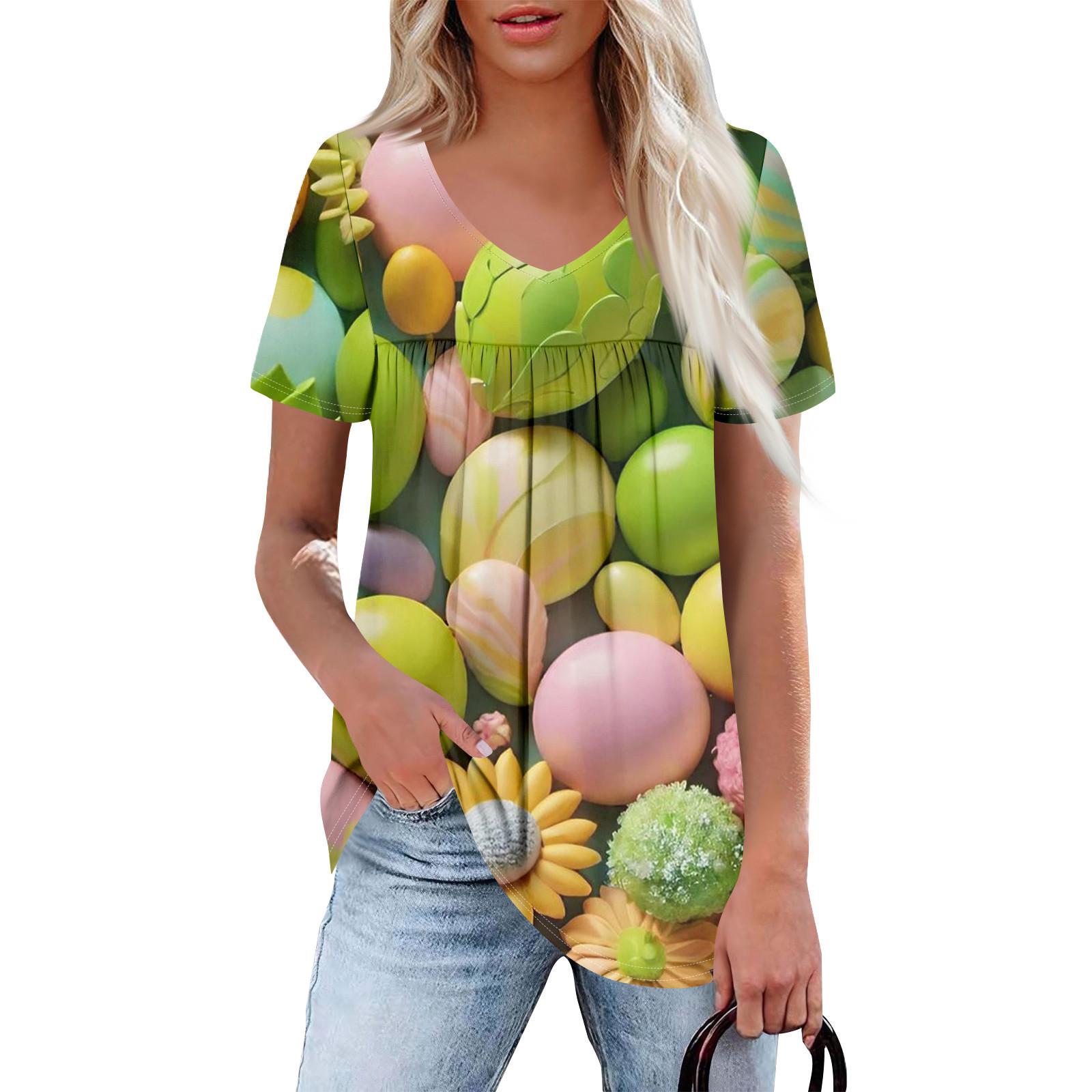 

Женская повседневная рубашка с V-образным вырезом и короткими рукавами, с плиссированным пасхальным принтом на груди M