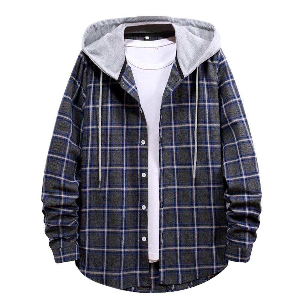 Men Casual Plaid Shirt Hooded Shirts Oversized Casual Shirt Men's Clothes European American Style Handsome Holiday Checked Shirt