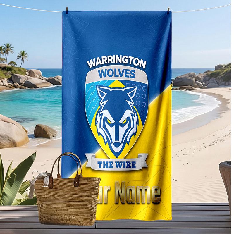 Warrington Wolves FC Personalized Printed Beach Towel Soccer Logo Support Custom Name Text Absorbent Towel For Sport Travel Special Gift