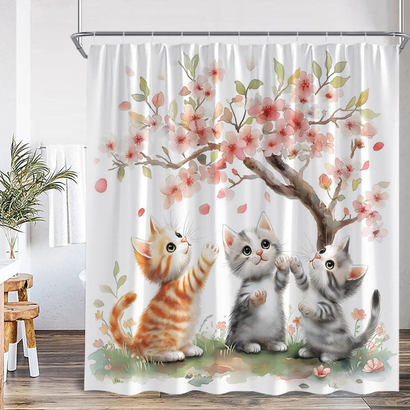 Cute Cat Shower Curtain Pink Cherry Floral Tree Asian Oriental Watercolor Flower Funny Animal Green Grass Bathroom Curtain Decor