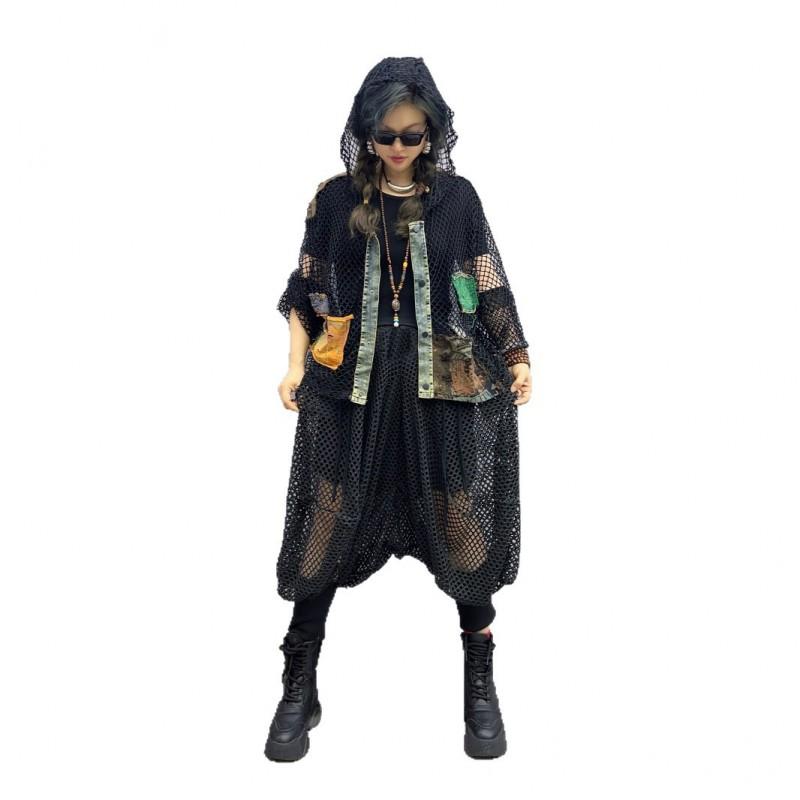 Womens Street Style Denim Patchwork Sunscreen Hooded Cardigan Cropped Pants Set