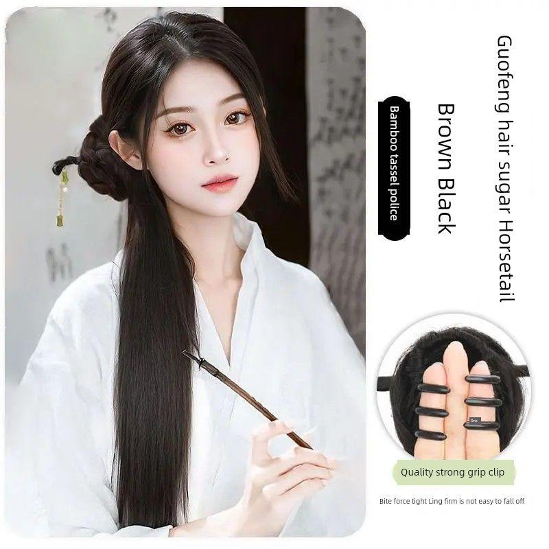

Ponytail Female New Chinese Style Chinese Ancient Style Bud Hair Jaw Clip Han Chinese Clothing Cheongsam Braided Hair Side Tie Hairpin Braid Ponytail New Chinese style [Brown black] slub hairpin