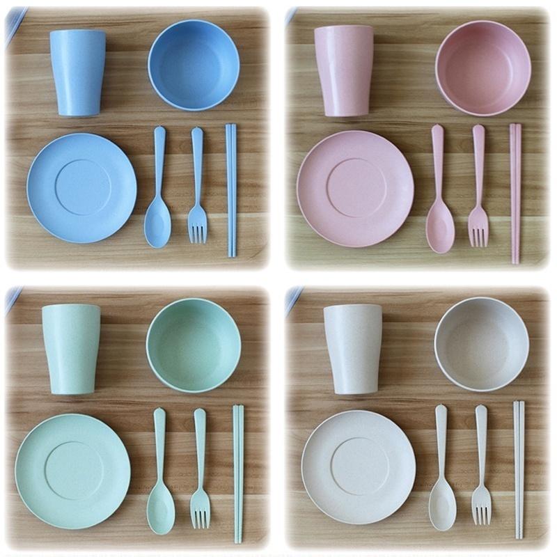 6Pcs/Set Wheat Straw Baby Tableware Children Food Dishes Bowl Feeding Infant Learning Dinnerware Spoon Chopsticks Fork Cup