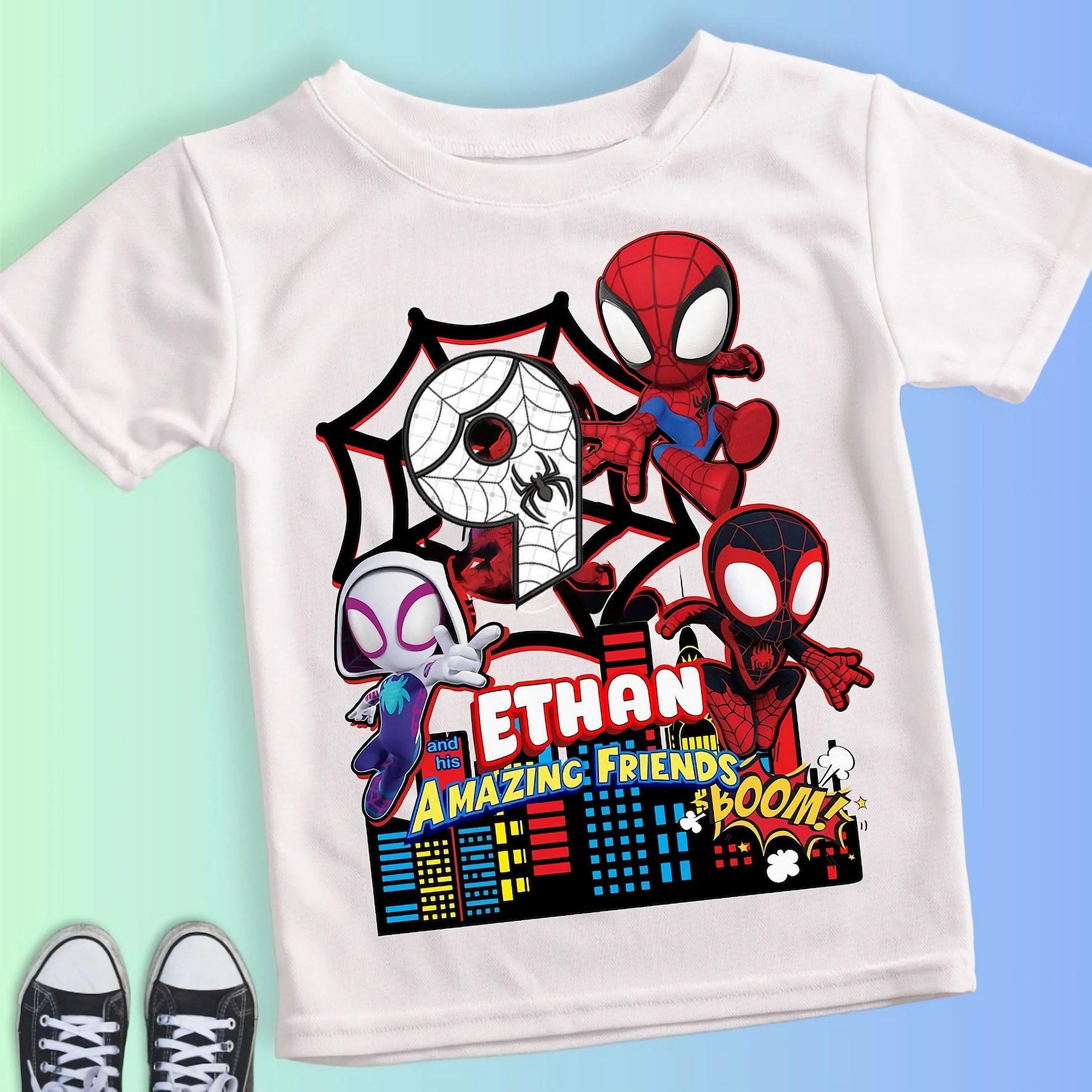 Summer Boys Spider  Man Birthday Tshirt for 1  9 Year  Olds with Spider  Man and His Friends 100