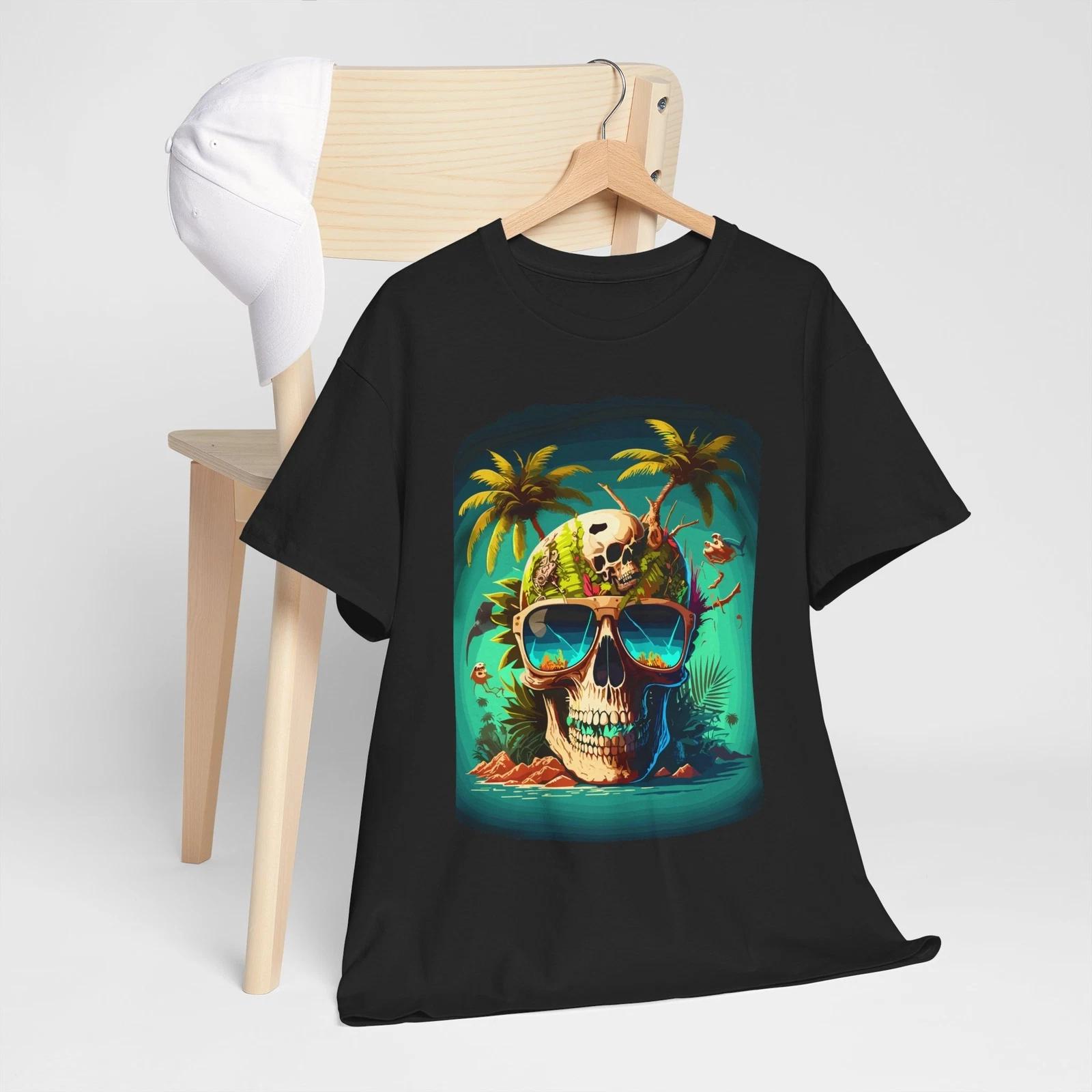 Beach Skull Graphic T-Shirt, Unisex Tee, Palm Tree Island Design, Sun Glasses 3XL