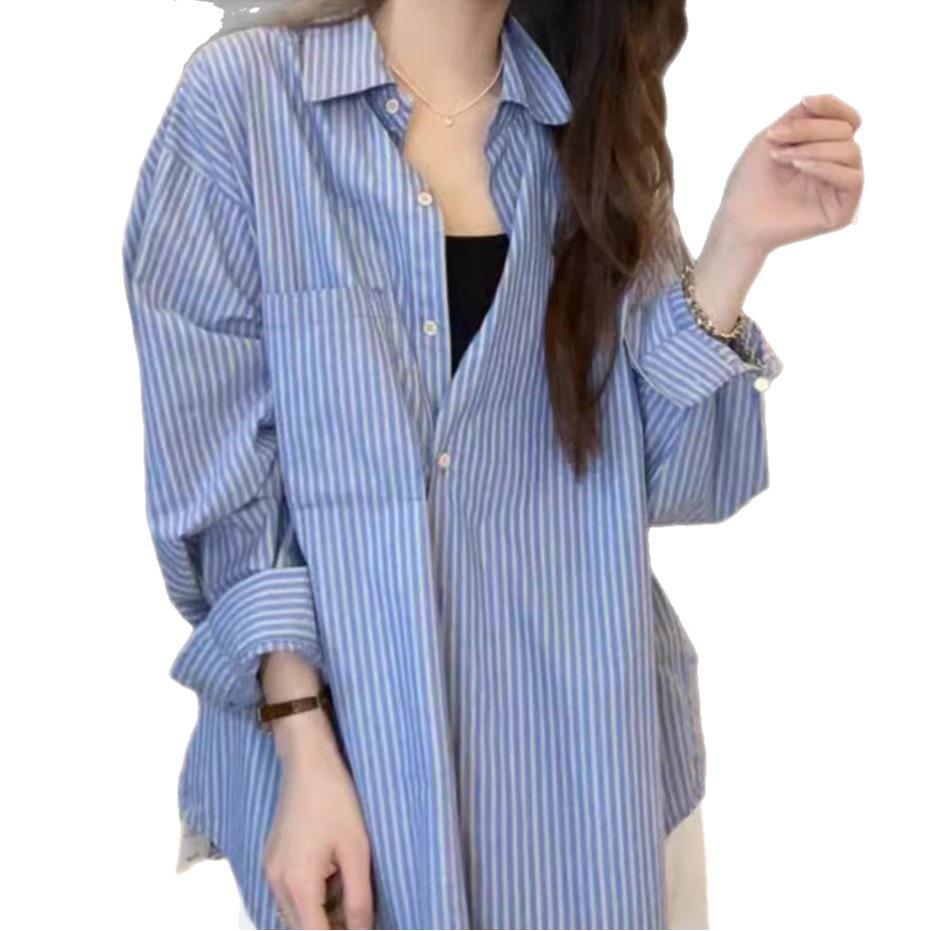 2025 New Women's Blue Striped Long Sleeve Shirt Jacket - Korean Lazy Style Loose Summer Top