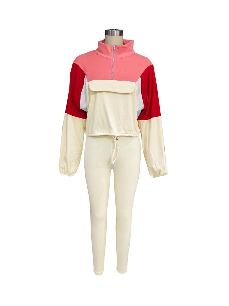 Autumn Color Block Hoodie & Skinny Pants Two-Piece Set