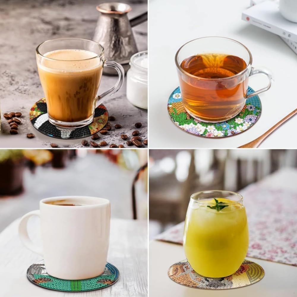 Diamond Art Coaster Kit (6-Piece Set) - DIY Diamond Painting Kit for Beginners, Cute Cat Cartoon Mosaic Ornaments, and Decorative DIY Kit with