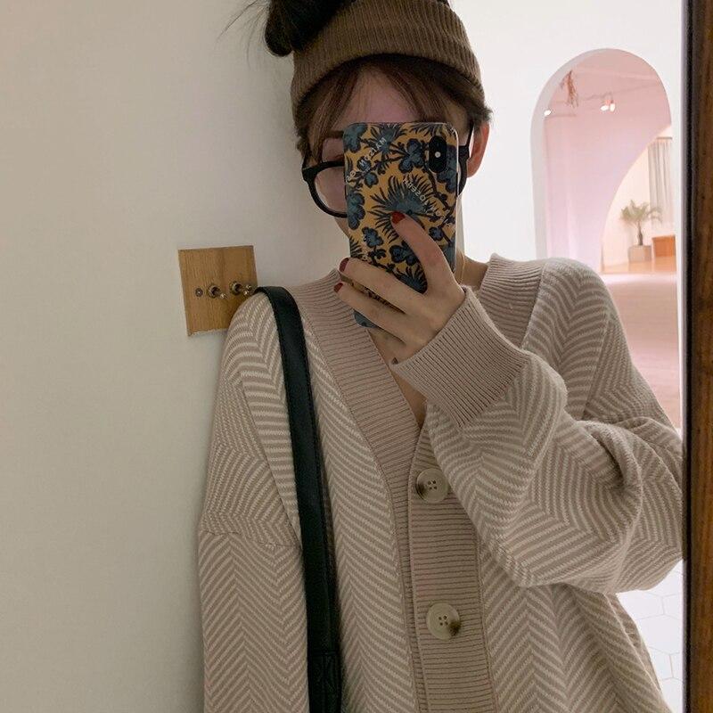 Pruhované pletené vesty Svetr Ženy Vintage kabát s dlouhým rukávem Móda Streetwear Volné Dámské topy