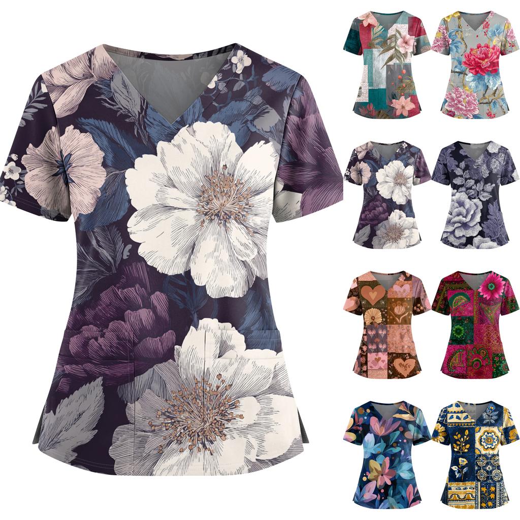 Women's Retro Printed V-Neck Double Pocket Short Sleeves Hem Slit  Uniform Caregiver Top