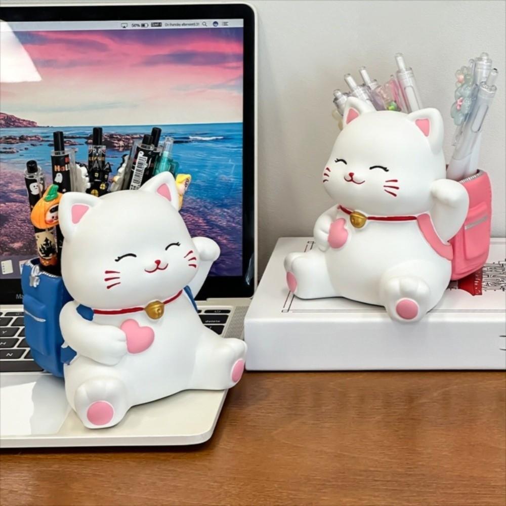 Cartoon Lucky Cat Stationery Organizer Creative Desktop Storage Ornaments School