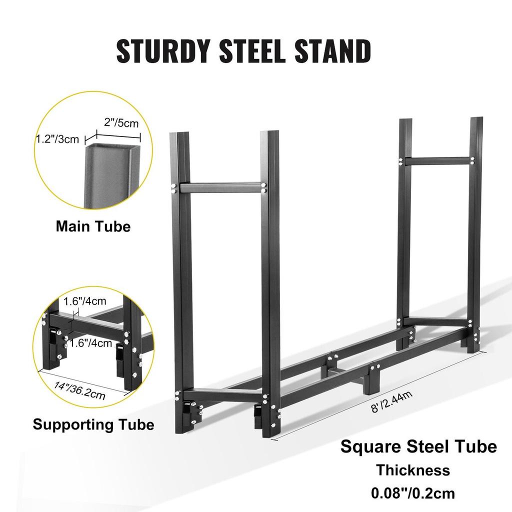 Firewood Log Rack, 8ft Firewood Rack Outdoor, Black Firewood Rack stand, Steel Outdoor Wood Rack, Firewood Log Holder with Load Capacity 1300lbs,
