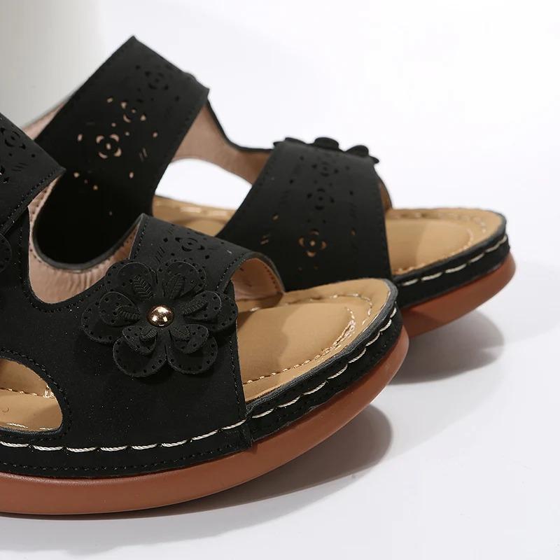Fashion Fashion Flowers Platform Slippers for Women Summer Slip On Pu Leather Wedges Sandals Woman Comfort Non-Slip Beach Flip Flops