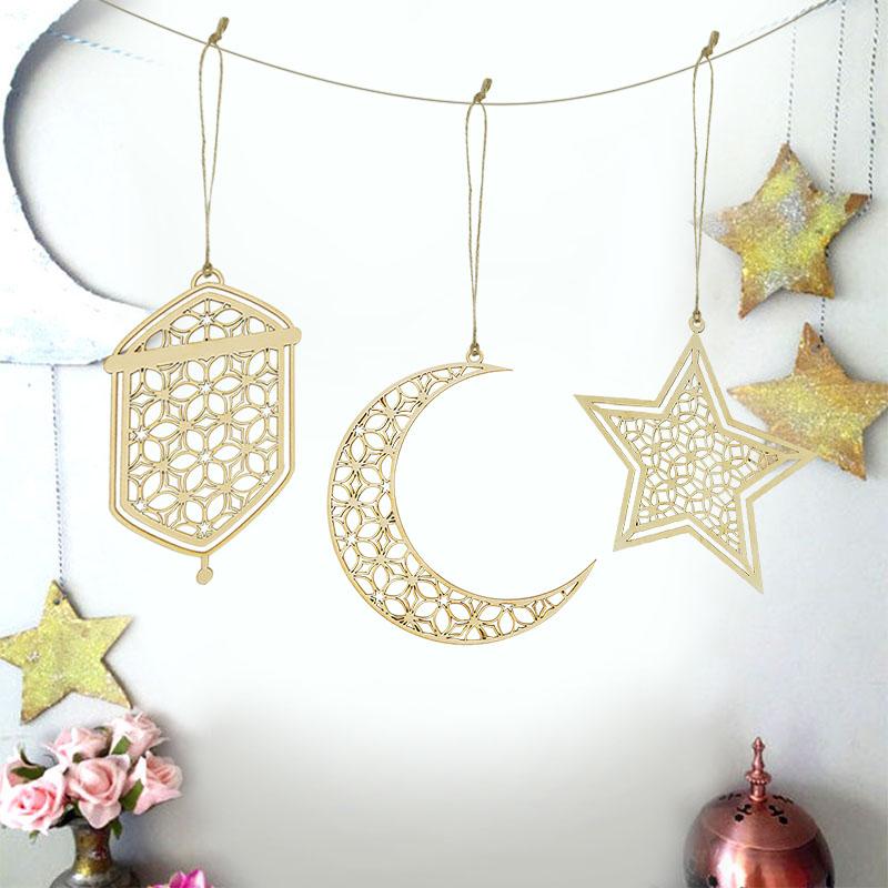 3 Stück Holz Eid Mubarak Hängeanhänger Ornament Ramadan Kareem Geschenk Islam Muslimisches Zuhause Tischdekoration DIY Bastel Partyzubehör
