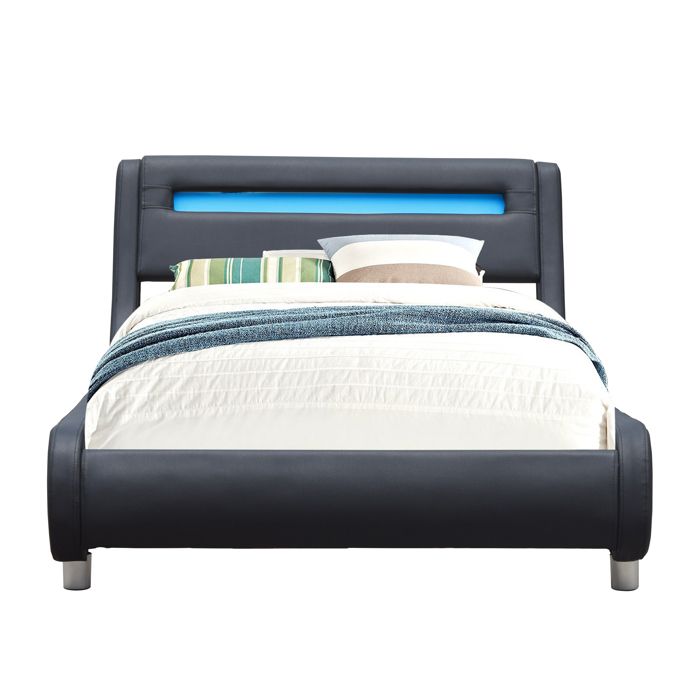 Gina Bed for 90x200 Mattress - Curved Headboard Base BLACK Color 5 Cm Feet - 13 Slats - PVC Covering