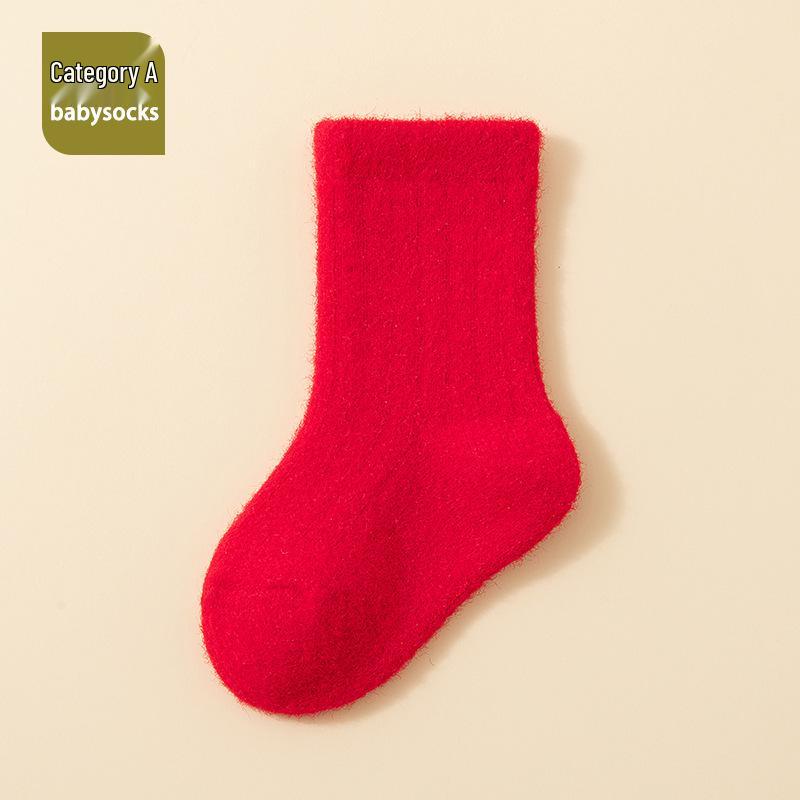 25 Plush Autumn-Winter Newborn Baby Socks, Warm Red for Full Moon & First Year