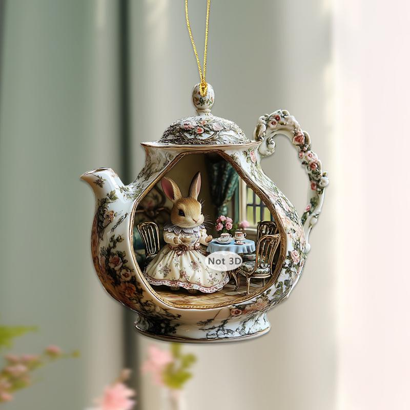 2D Flat Delightful Easter Rabbit in Teacup Acrylic Desktop Decoration, Home Decor Plaque Hanging Wall Art Decorative Garden Decoration for Room Door S