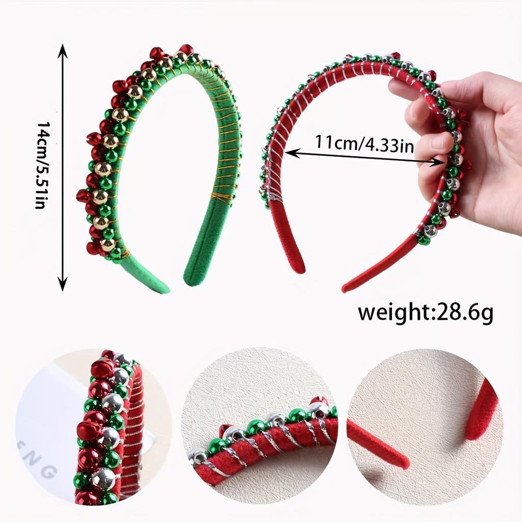 Festive Christmas Headband with Red & Green Beads,Golden Accents & Bell Charms -Wrapped Party Accessory for Holiday Celebrations