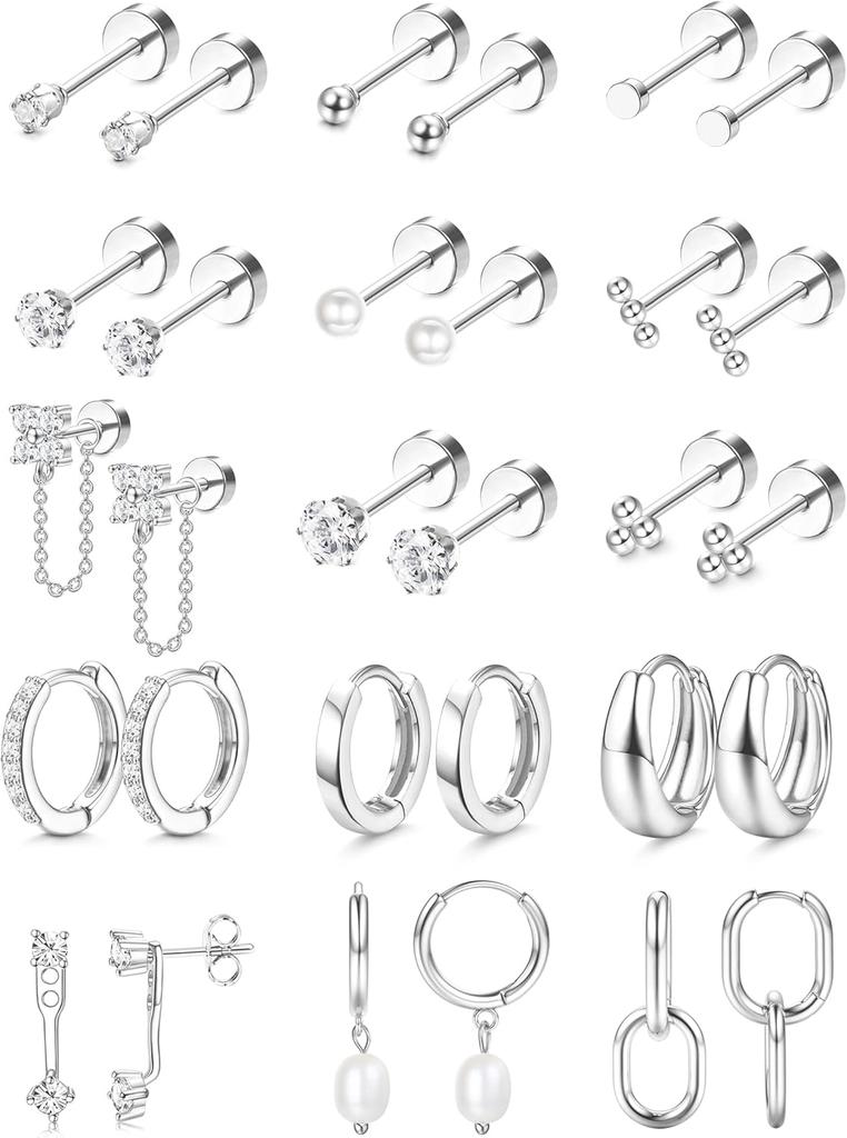 Bobisty Surgical Stainless Steel Flat Back Earrings for Women Cartilage Earring Stacks 14K Gold Plated Hoop Stud Earring Sets