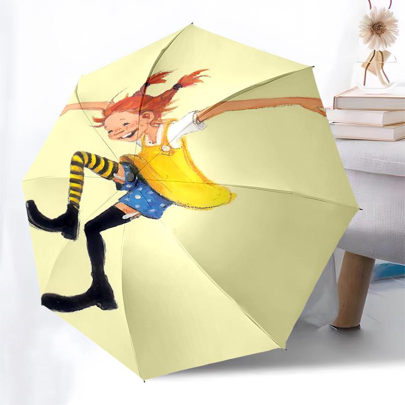 Pippi Longstocking Themed Travel Umbrella-8 Ribs Automatic Opening and Closing, Portable Folding Design, Compact and Stylish Umbrella Suitab