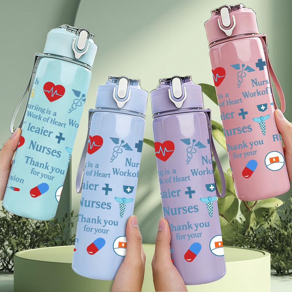 1PC Nurse Quote Heart Pattern 750ml Color Plastic Sports Water Bottle Leakproof Flip Straw Lid Suitable for Sports Office Home Use