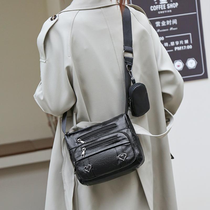 Women's Soft Leather Bag Crossbody Bag Multi-Pocket Large Capacity Shoulder Bag Mother Bag