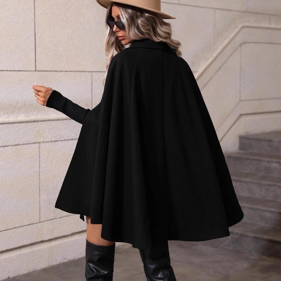 Women's Cape Woolen Coat, Mid-Length Double Breasted Cloak Jacket, Elegant High Grade Loose Slimming Overcoat, Ladies Warm Cape Outerwear