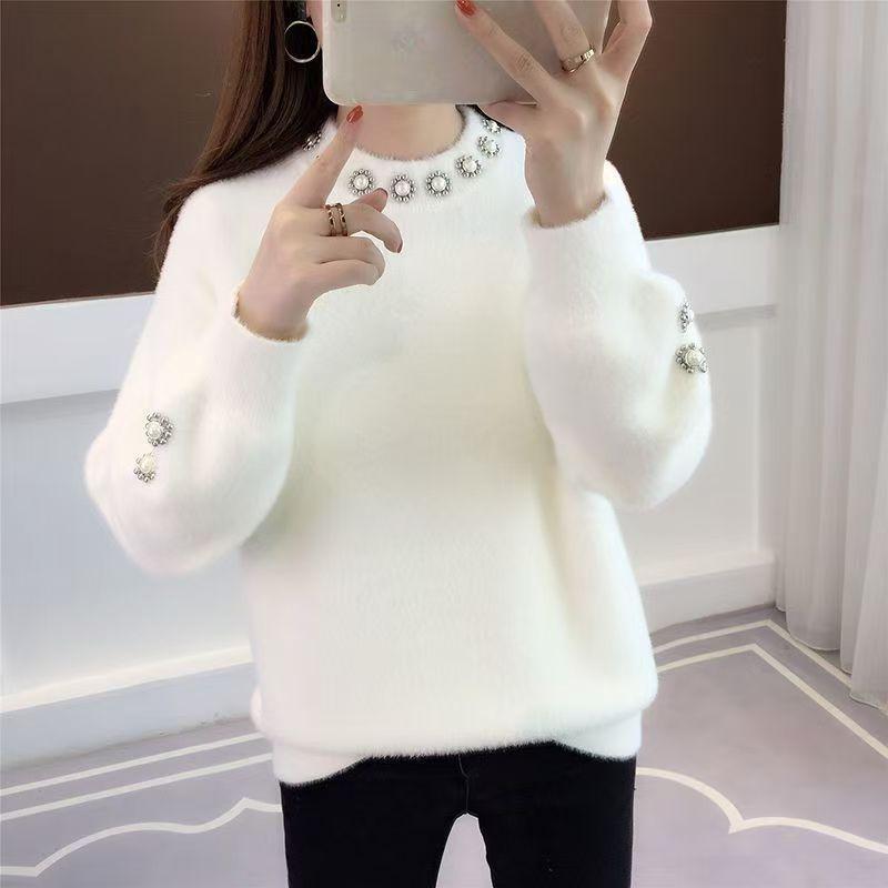 

Mink velvet autumn and winter new loose versatile beaded diamond knitted sweater top semi-turtleneck bottoming sweater women One size бежевый