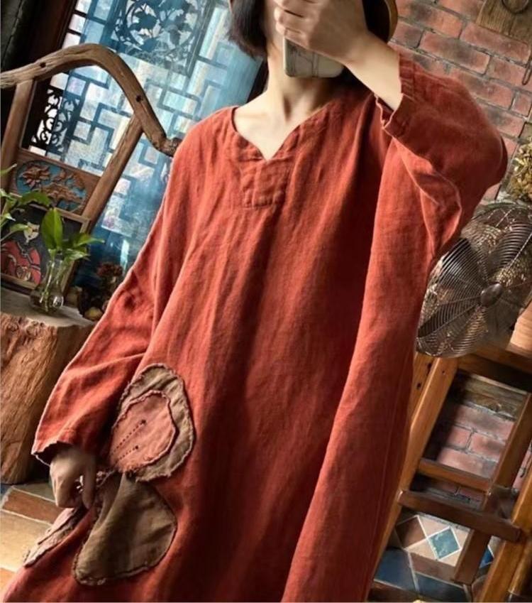 

Женское винтажное свободное платье с v-образным вырезом и принтом