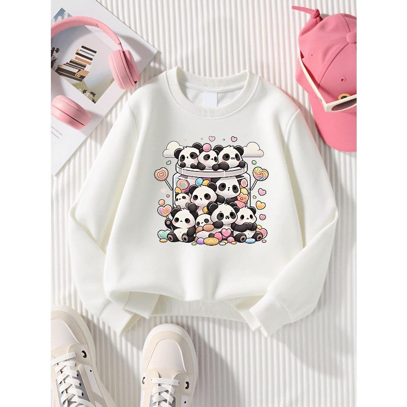 Kids Sweatshirt,Crew Neck Fashion Top, Fun "Cute Panda Candy Jar" Patterned Sweatshirt, for Everyday Casual Wear, for All Kinds of Daily Outfits