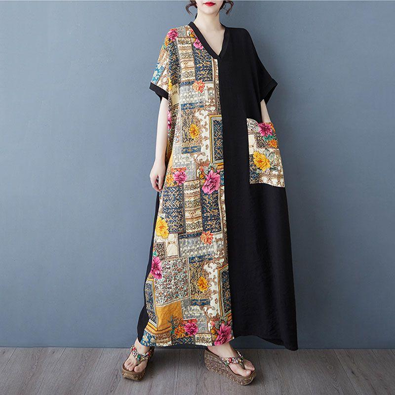 Letní tenké bavlněné a lněné tištěné šaty s výstřihem do V Dámské kontrastní prošívání Dlouhá sukně