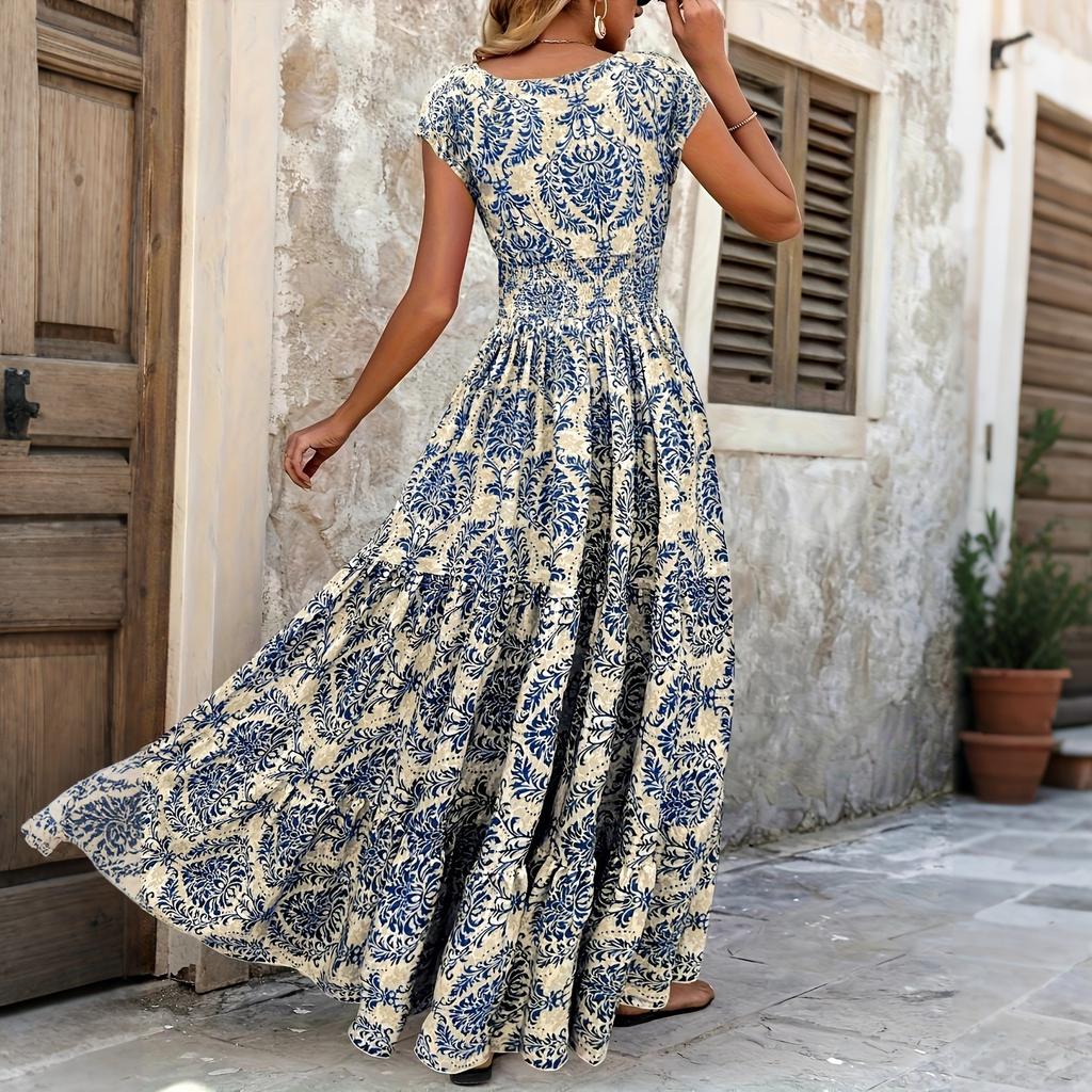 Women Vintage Printed V Neck Waist Cinched Maxi Dress Short Sleeve Casual Boho Style Summer Long Dress