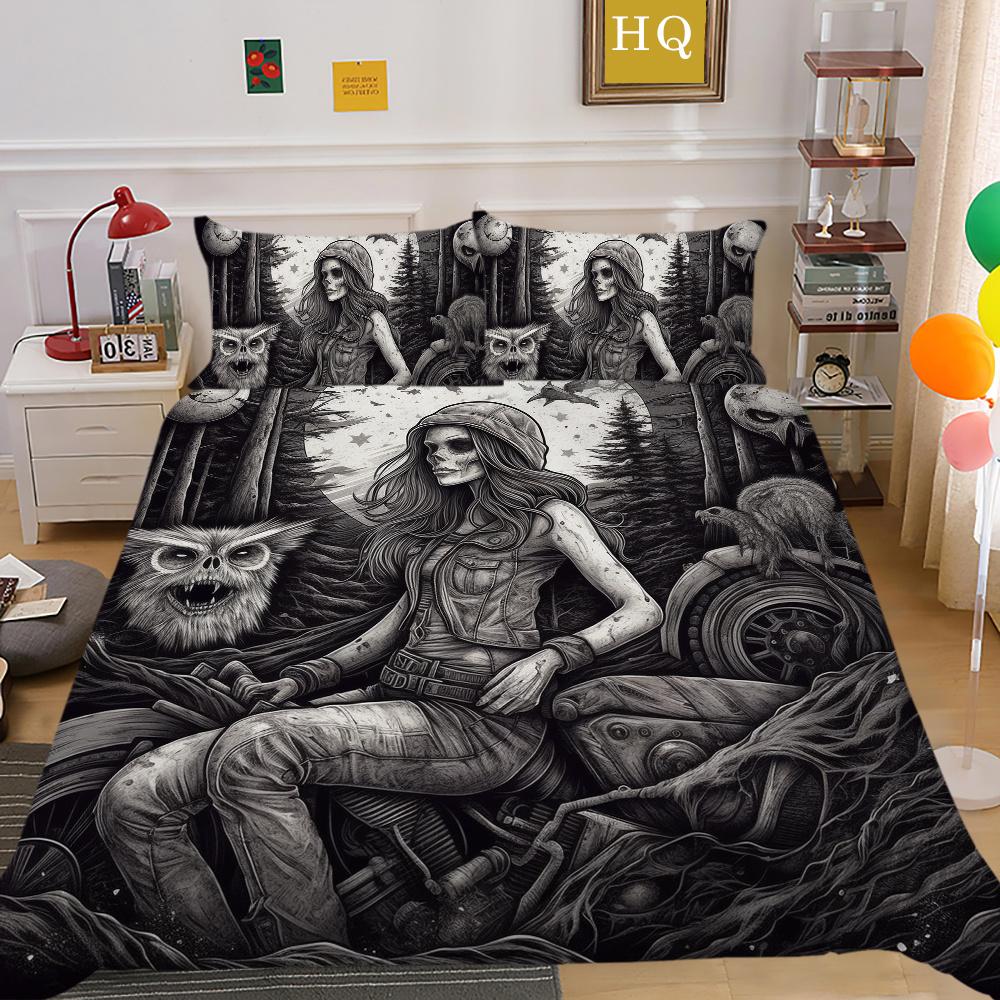Beauty Skull Printed Home Bedclothes Double Size Microfiber Teen Fashion High Ranking Bedroom Decor